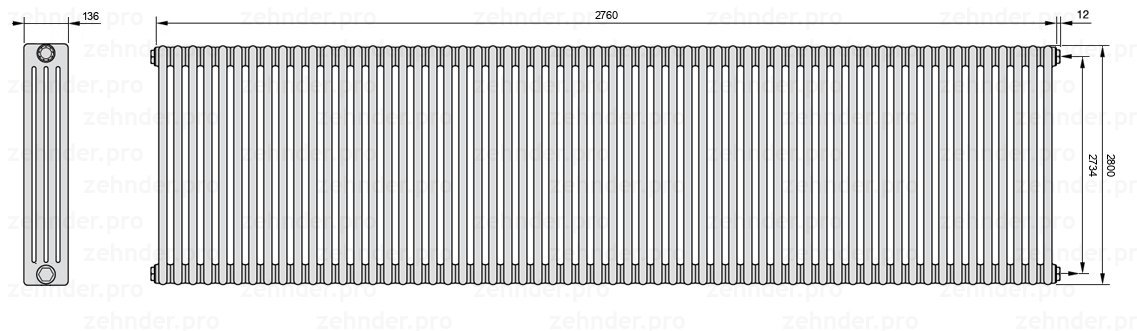 Схема (чертеж) Радиатор Zehnder Charleston 4280/60 №7610 Белый глянцевый RAL 9016
